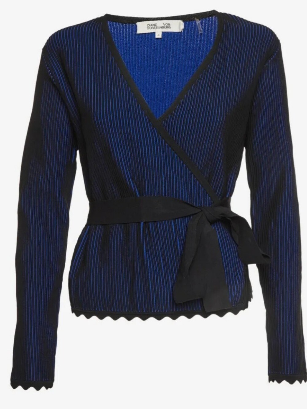 Diane Von Furstenberg LAURA Black and Blue V-Neck Wrap Sweater with Tie Size M